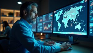 Un manager lavora a una scrivania dotata di più monitor su cui vengono visualizzate mappe del mondo, grafici digitali e analisi dei dati esportati, in un ambiente d'ufficio scarsamente illuminato.
