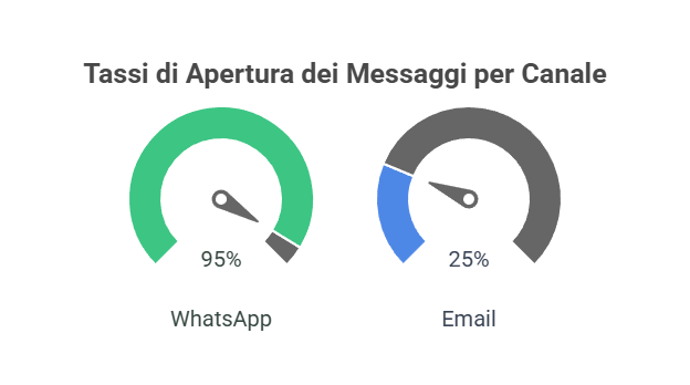 Due grafici comparano i tassi di apertura dei messaggi: WhatsApp, tramite la piattaforma WhatsApp e le API di WhatsApp Business, raggiunge il 95%, mentre l'Email si ferma al 25%. Il testo è in italiano.