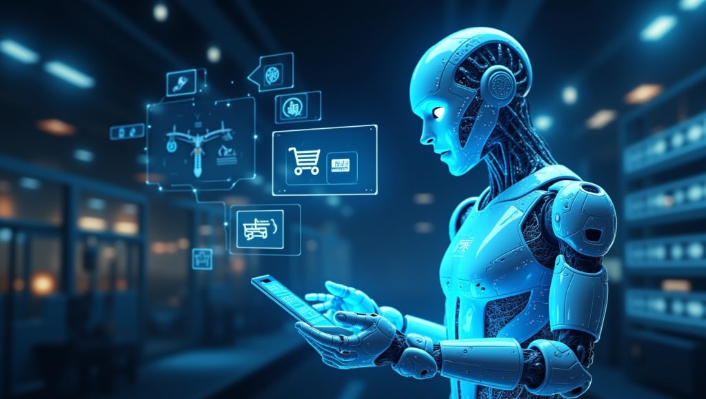Un robot umanoide interagisce con un tablet digitale, circondato da icone fluttuanti che rappresentano l'e-commerce, le vendite e le funzioni tecnologiche in un'ambientazione futuristica.