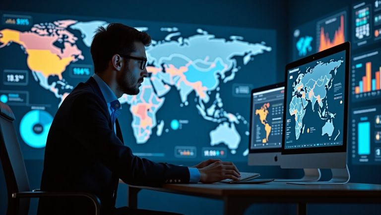 Un uomo in giacca e cravatta lavora al computer in un ufficio, con mappe del mondo e visualizzazioni di dati alle sue spalle, che evidenziano le strategie di Analisi di Mercato e di Export.