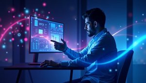 Un uomo è seduto alla scrivania e interagisce con le visualizzazioni di dati sul monitor di un computer, sfruttando l'intelligenza artificiale per il marketing sui social media, circondato da effetti di luce digitale colorati in una stanza buia.