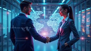 Due professionisti in giacca e cravatta si stringono la mano in un ufficio moderno, confermando la Partnership Commerciali. Vi sono mappe digitali del mondo e grafici di dati visualizzati su schermi di vetro alle loro spalle.